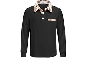 Arshiner Boy's Long Sleeve Plaid Trim Polo Shirt School Uniform Shirt with Pocket for 4-12 Years
