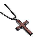 Wooden Cross Necklace for Men, Natural Sandalwood Inlaid with Black Stainless Steel Pendant, Mens Cross Necklaces Including 24 Inch Box Chain. Christmas gifts for husbands, fathers, sons, and friends. ﻿