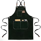 DONGGH Chef Works Apron, 100% Cotton Canvas Cooking Apron for Women & Men, Kitchen Apron with 3 Practical Pockets, Adjustable Straps, Full Coverage for Cooking, BBQ, Gardening