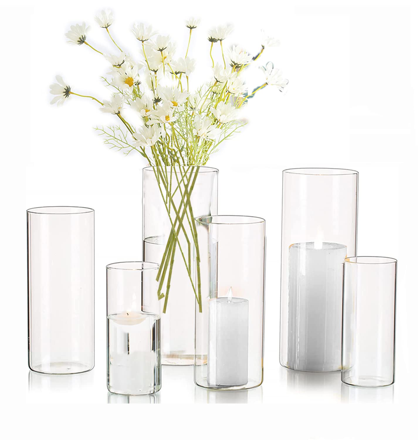 EylKoi Glass Hurricane Candle Holder - Cylinder Vases for Centerpieces 2Sets(3Pcs/Set) Hurricane Floating Candle Holder, Glass Vases for Flowers, Decorative for Home Wedding, 15+20+25cm (High)