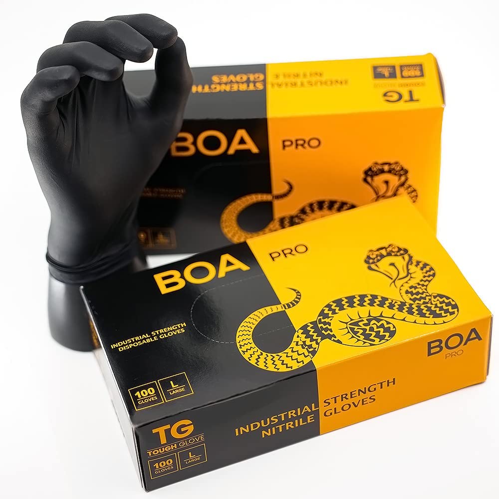 TG TOUGH GLOVE BOA PRO (M) Nitrile Gloves (Pack Of 100) | Strong Black Disposable Gloves | Powder & Latex Free Strong Lightweight Mechanic Industrial Gloves