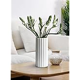 GeLive Glazed White Ceramic Vase Ribbed Straight Cylinder Minimalist Waterproof Flower Vase, Home Decor Centerpiece for Fresh Bud Artificial Dried Flowers 9 Inch Height