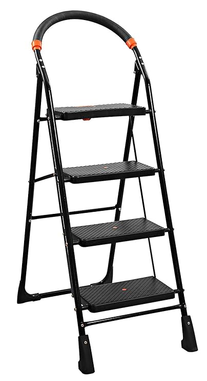 Parasnath Black Heavy Folding Ladder with Wide Steps Milano 4 Steps 4.1 Ft Ladder (Made in India)
