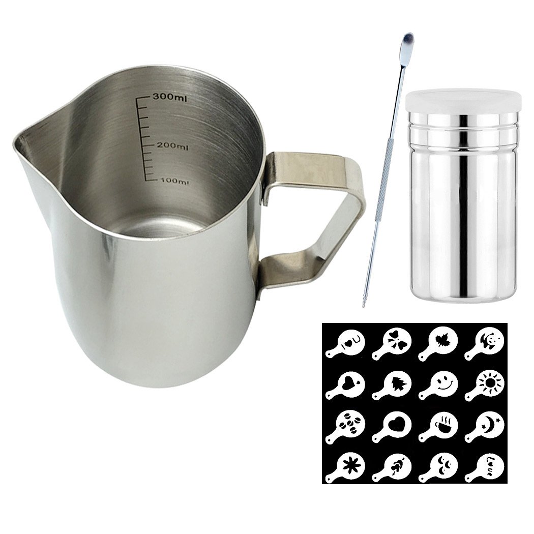 SIPLIV Coffee Art Tool Kit 12 Oz(350 ml) Stainless Steel Espresso Steaming Pitchers Milk Frothing Pitcher with Measurement Markings, Coffee Art Pen, Cocoa Powder Shaker, 16 Coffee Stencils