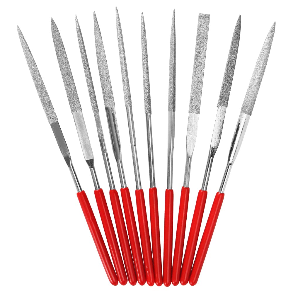 SI FANG Small Diamond Needle File Set 140mm x 3mm, 10 Kinds of Mini Needle Files Mixed Style Set, Precision Diamond Coated Miniature & Model Files, for Metal Wood Jewelry Stone Wood Carving Craft