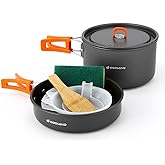 Odoland 9pcs Camping Cookware Non-Stick Lightweight Pots and Pans Set with Plastic Bowls Soup Spoon for Backpacking, Outdoor Cooking and Picnic