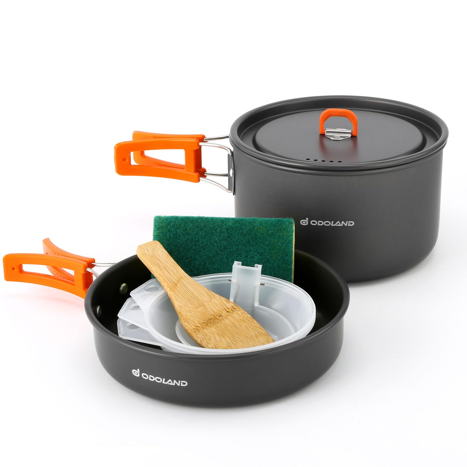Odoland Camping Cookware Set Non-Stick Lightweight Camping Pots and Pans Mess Kit with Bowls Soup Spoon for Camping, Backpacking, Outdoor Cooking and Picnic for 2-3 People