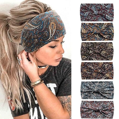 6PCS Headbands for Women Wide Boho Head Scarfs Non Slip Bandanas Hairbands Elastic Hair Accessories Knotted Turbans Head Wrap Adult (DarkCashew) — image 1