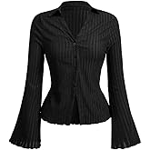 SOLY HUX Women's Button Down T Shirt Collared V Neck Bell Long Sleeve Casual Tops
