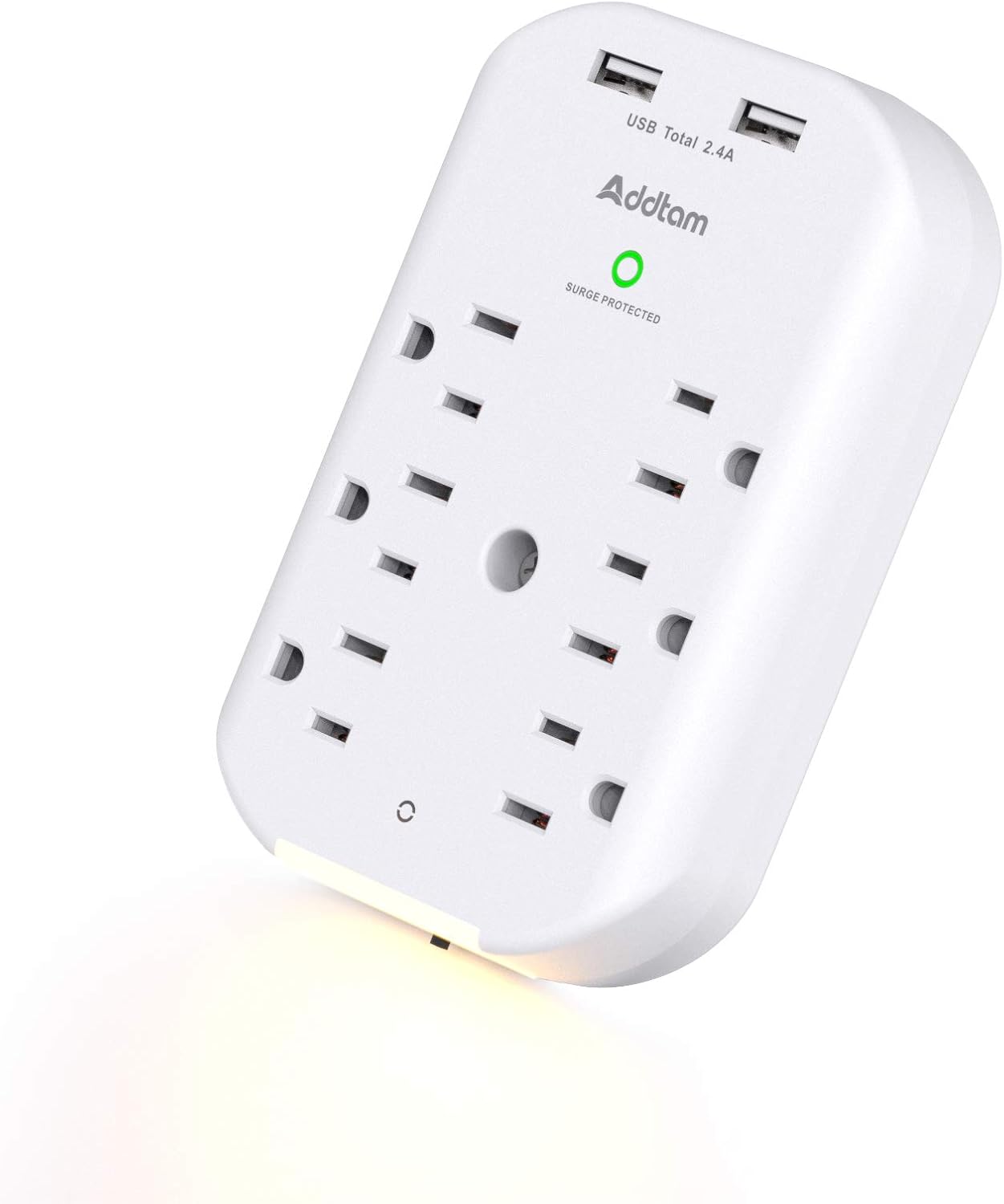 Addtam 6 Outlet Surge Protector, Wall Outlet Extender with Sensor Night
