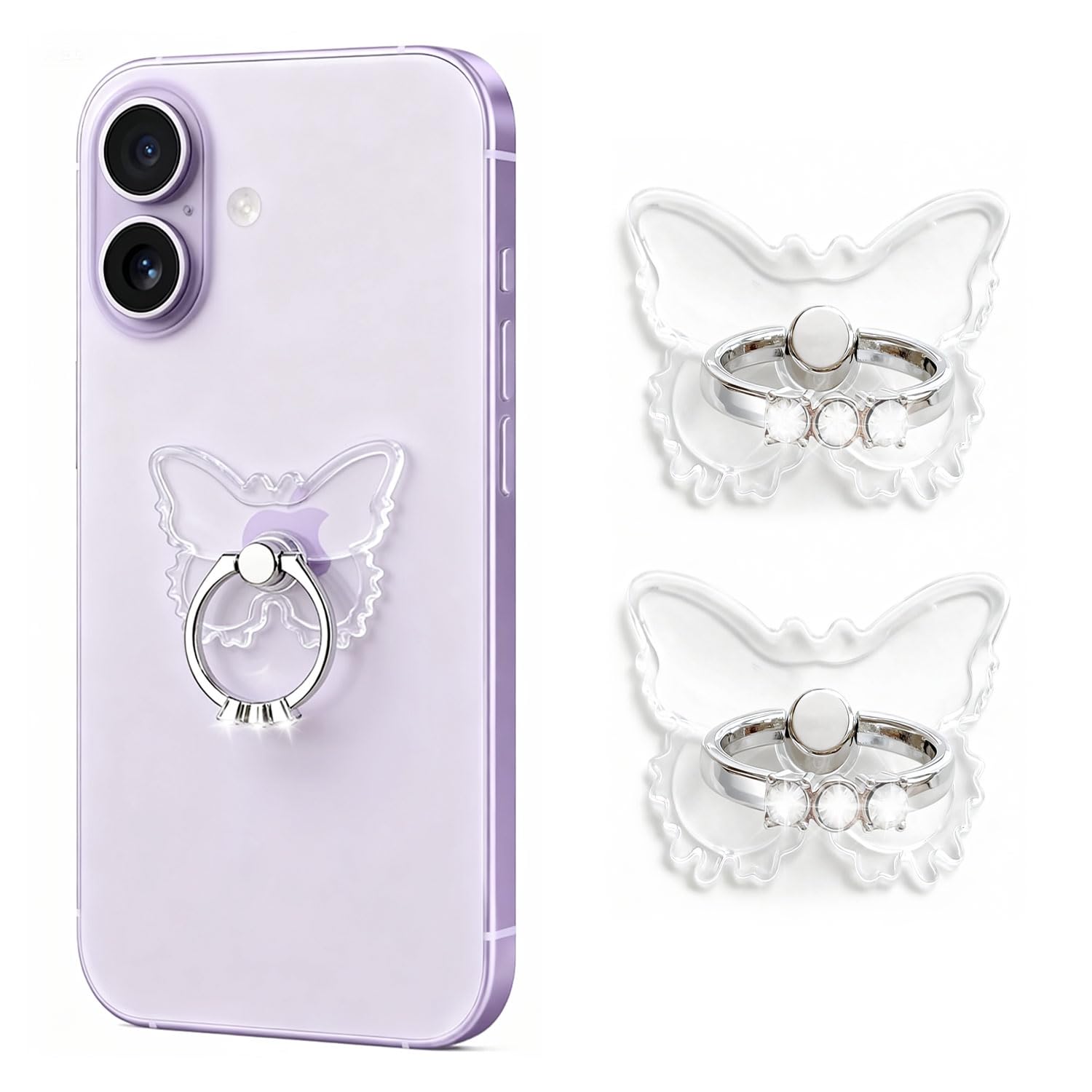 2PcsTransparent Phone Ring Holder Grip, Clear Butterfly Cell Phone Ring Holder Stand with Diamonds,360°Rotation Finger Grip Ring Kickstand Compatible with Most Smartphones,Tablets and Case