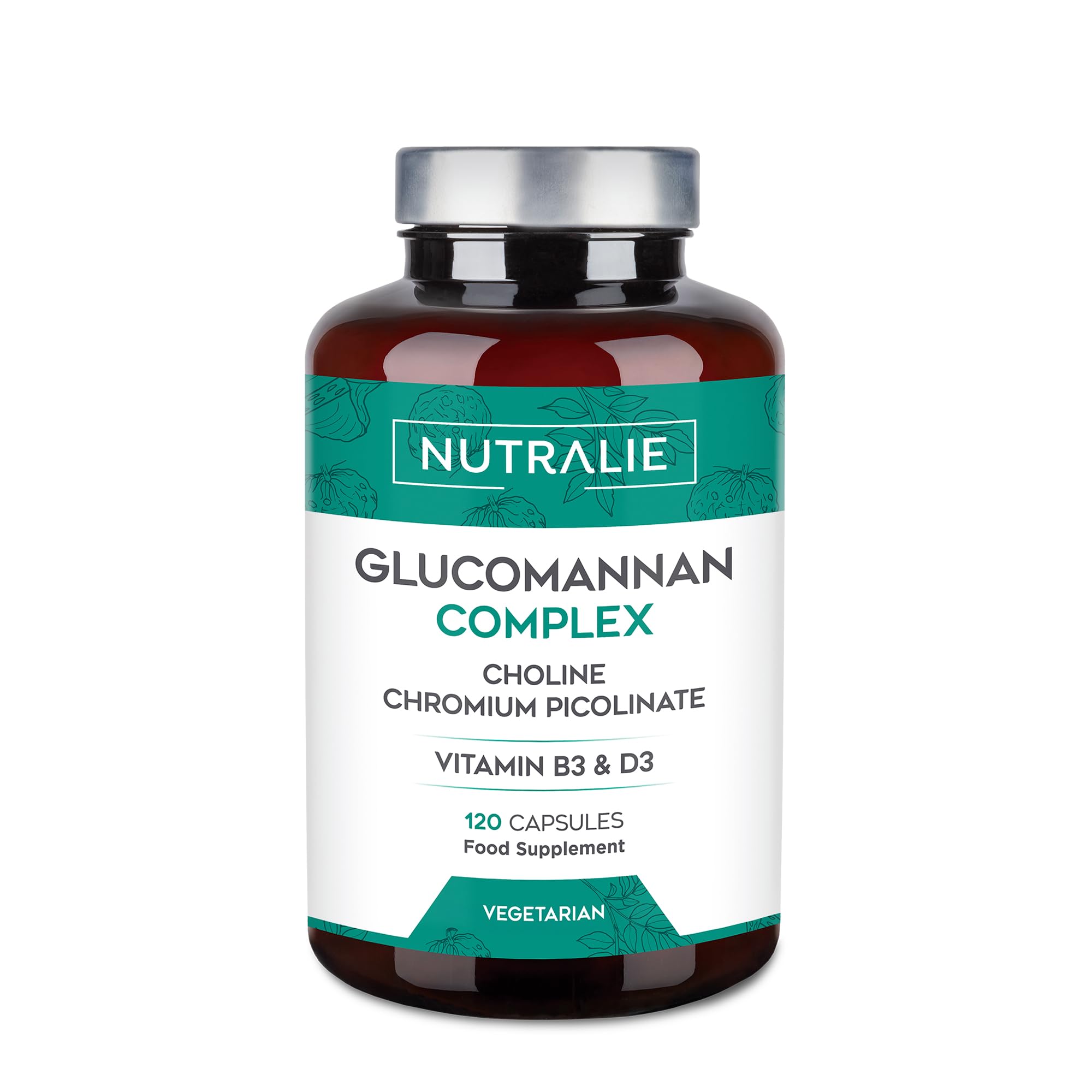 Glucomannan Konjac 3000mg - Choline Bitartrate Chromium Picolinate and VIT B3 + D3-120 Vegetable Capsules Glucomannan Complex Nutralie