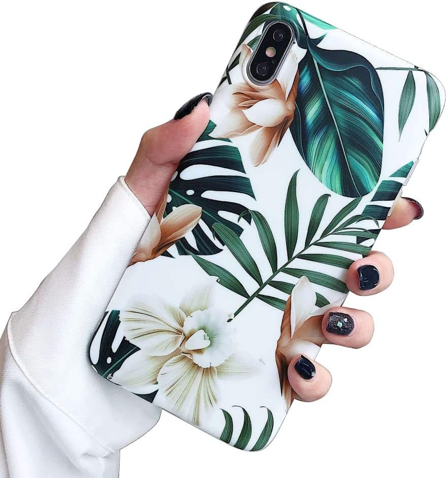 ooooops for iPhone Xs Max Case for Girls, Green Leaves with White & Brown Flowers Pattern Design, Slim Fit Clear Soft TPU Full-Body Protective Cover Case for iPhone Xs Max 6.5'' (Leaves & Flowers)