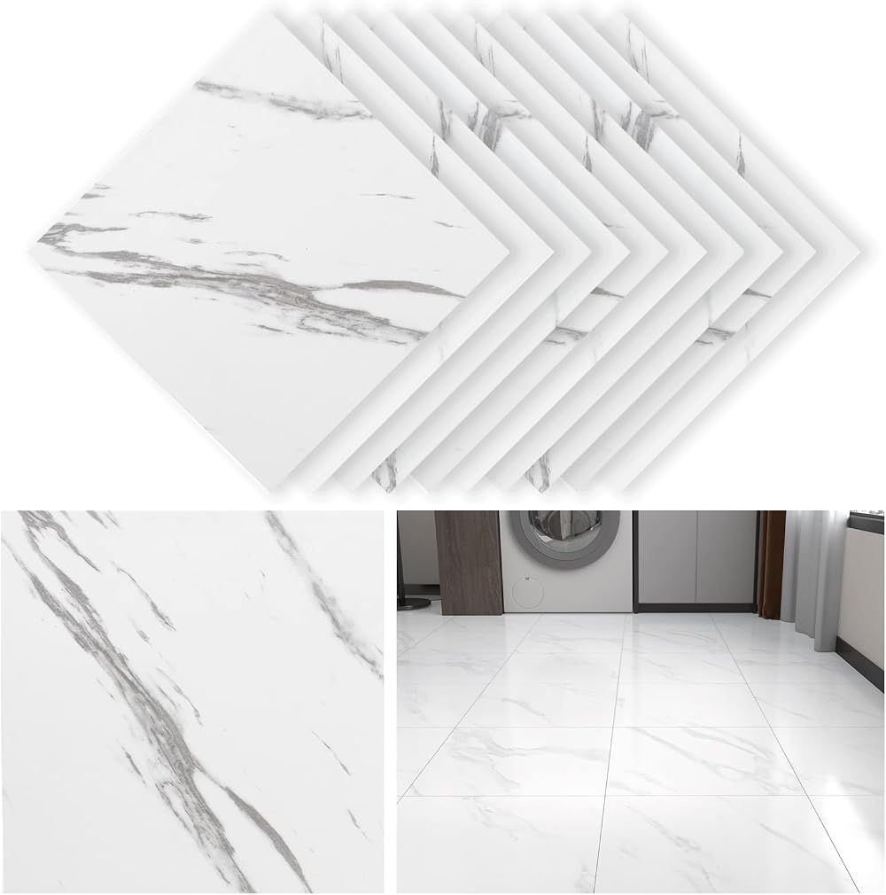 crayfomo 10pk Waterproof Marble White Vinyl Floor Tiles Self Adhesive 30x30cm