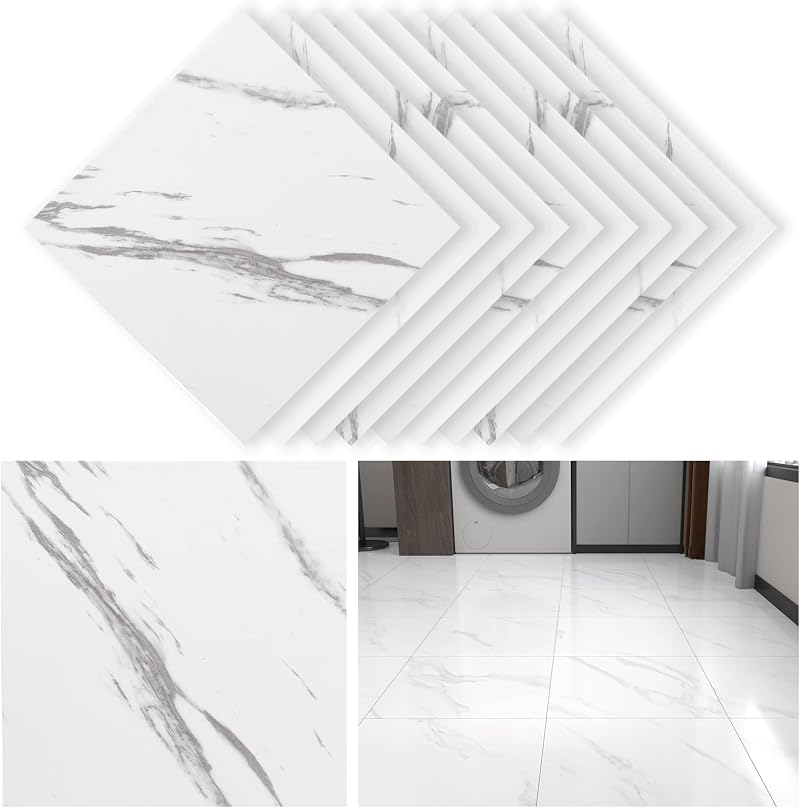 crayfomo 10pk Waterproof Marble White Vinyl Floor Tiles Self Adhesive 30x30cm