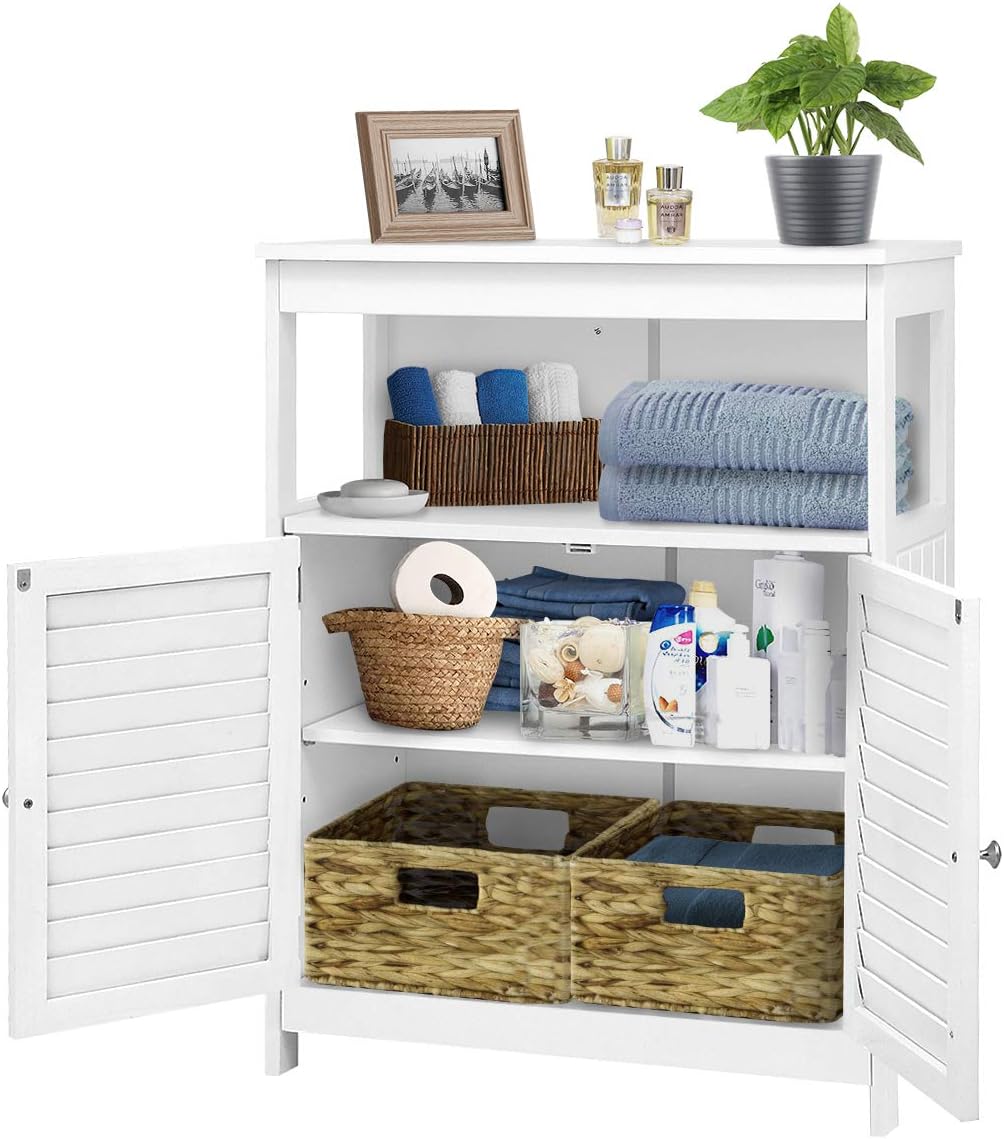 KINGSO Bathroom Floor Cabinet, Free Standing Bathroom Storage Cabinet with Double Shutter Door and Adjustable Shelf for Home Office-White: Furniture & Decor