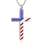 Yinplsmemory Cross Urn Necklace for Ashes for Women Men American Flag Cremation Jewelry Religious Cross Urn Keepsake Memorial Jewelry