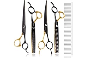 FOGOSP Dog Grooming Scissors Kit for Small Dogs, Black and Gold Two-Color Blender Shears Chunker Shears Curved Scissors Straight Scissors 4 pcs Set(Black&Gold,Kit)