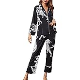 Brosloth Women's Silk Satin Pajamas Pjs Sets Cute Lace Pattern Two Piece Loungewear Set Button Up Pajamas Sleepwear Black