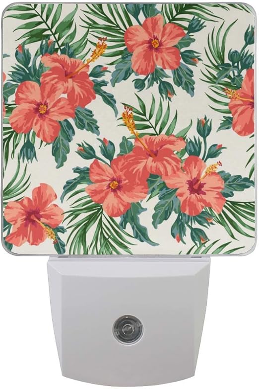 Amazon 2ピンクのハイビスカスの花ヤシの葉の熱帯ジャングルの葉の赤いセット白い自動車センサーの花柄のエキゾチックな花の花柄は 屋内の夜明けの夜のライトプラグの夕暮れ Omnhgfug スポットライト Diy 工具 ガーデン