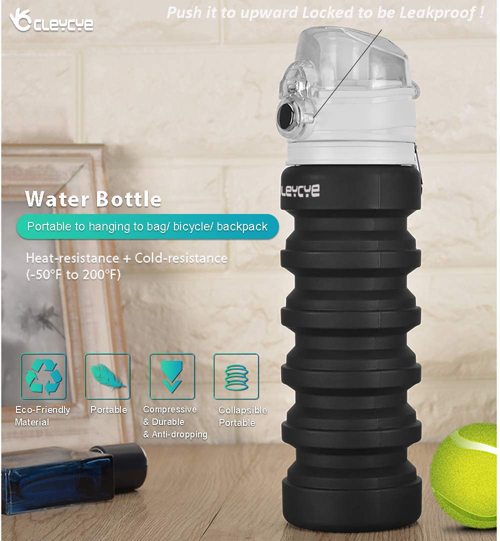 CLEYCYE Collapsible Water Bottle Portable - BPA Free Silicone Foldable Water Bottle for Travel, Sports, Outdoor and Gym, 18 oz Leakproof Lightweight Water Bottle with Carabiner for Kids/Adult, Black