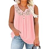 ROSRISS Plus-Size Tank Tops Summer Sleeveless Henley V-Neck Shirts Buttons Up Lace Pleated Flowy Tunics