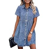 Womens Denim Dress Casual Short Sleeve Button Down Loose Jean Shirt Dresse for Most Casual Daily Wear, Home or Office, Beach Holiday Wear in Spring, Summer and Falll (Size M) Blue
