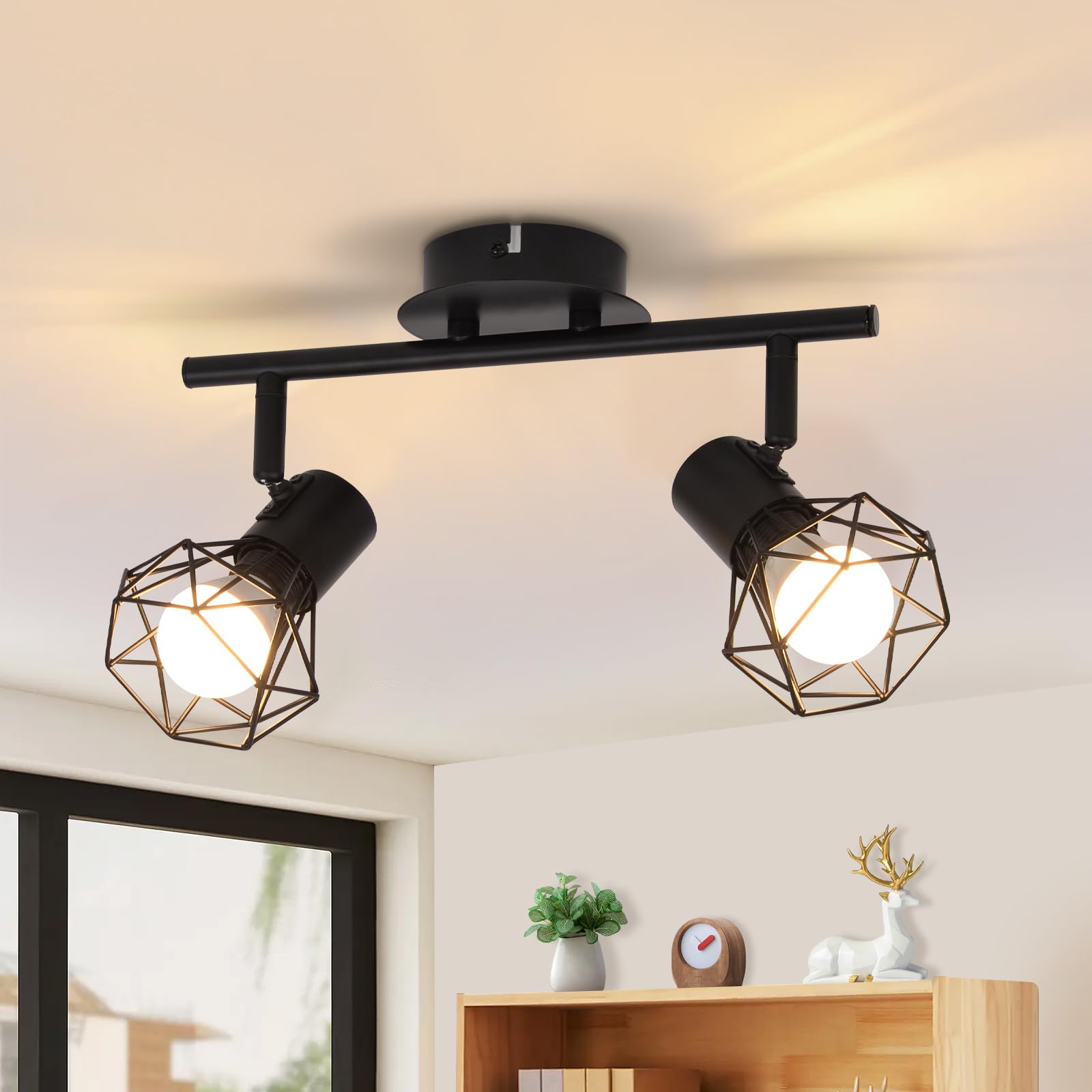 Glitzerlife Ceiling Lights Black Ceiling Spotlight - Kitchen Lamp 2 Way Vintage Metal Cage E14 Industrial Rotatable Adjustable 350°Swivelling for Living Room Bedroom Without Bulbs