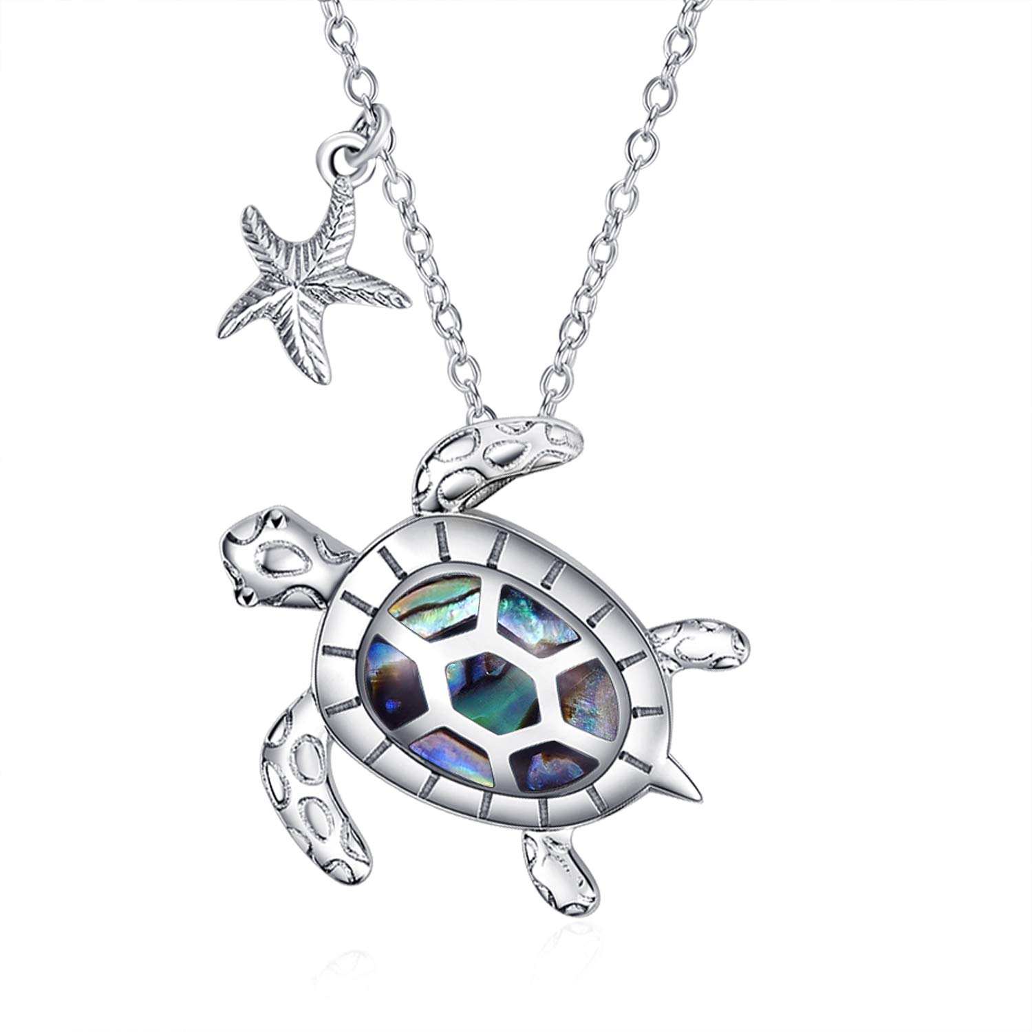 WINNICACA Ocean Theme Pendant Sterling Silver Turtle/Mermaid/Jellyfish/Dolphin Necklace for Women Gifts (Turtle - Abalone Shell)