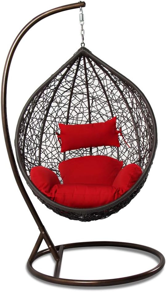 Amazon Com Island Gale Hanging Basket Chair Outdoor Front Porch Furniture With Stand And Cushion Brown Wicker Red Cushion Garden Outdoor