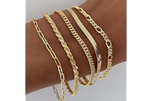 Women's 14K Gold Plated Bracelet Set, Thin Dainty Stackable Chain for Layering, Cuban Link & Paperclip Style Fashion Jewelry,