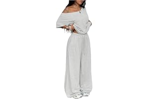 WDIRARA Women's 2 Piece Pajama Set Long Sleeve Off Shoulder Sleepwear Pants Pjs Set Loungewear