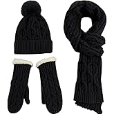 OLizee Winter Beanie Scarf and Mittens Set for Women Knitted Beanie Skull Cap with Faux Fur Pom