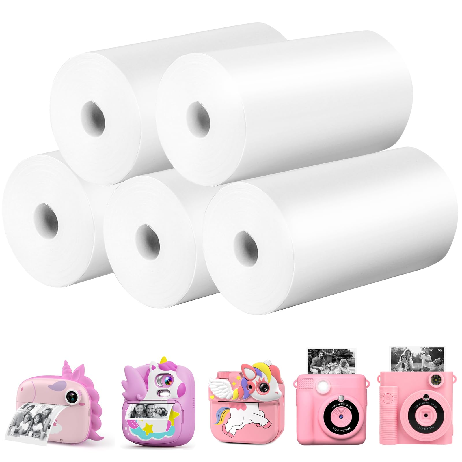 5 Rolls Kids Camera Print Paper Refill, Kids Instant Print Camera Photo Papers Compatible with Most Children Instant Print Camera, 2.2Inch, BPA Free