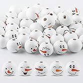 50PCS Christmas Snowman Wooden Bead, 20mm Winter Craft Wood Round Beads Natural Wood Beads for Xmas Tree Hanging Decoration Winter Holiday Garland Making DIY Craft Supplies(White)