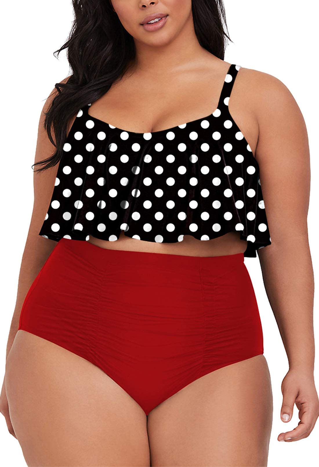 Photo 1 of Sovoyontee Women's Plus Size 2 Piece Flounce High Waisted Bathing Suit Swimsuit, Polka-dot Top Pair with Red Bottom, XL