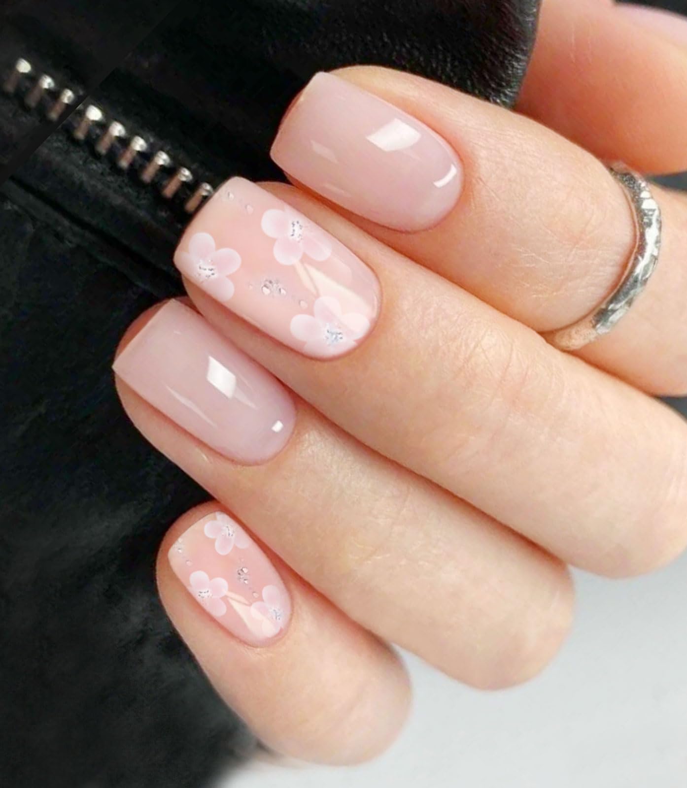 JMEOWIO Gel Nail Stickers Glitter White Flower Semi Cured Gel Nail Strips Wraps UV/LED Nails Art Design Decoration Accessories