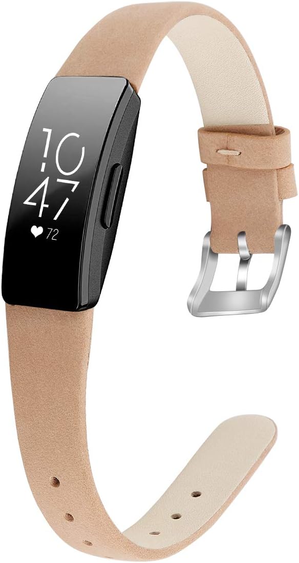 MEFEO Compatible with Fitbit Inspire Bands/Inspire HR Band, Genuine Leather Slim Soft Strap Wristbands Accessories Replacement for Fitbit Inspire Fitness Tracker (Frosted Brown, Small (5.8"-7.6"))