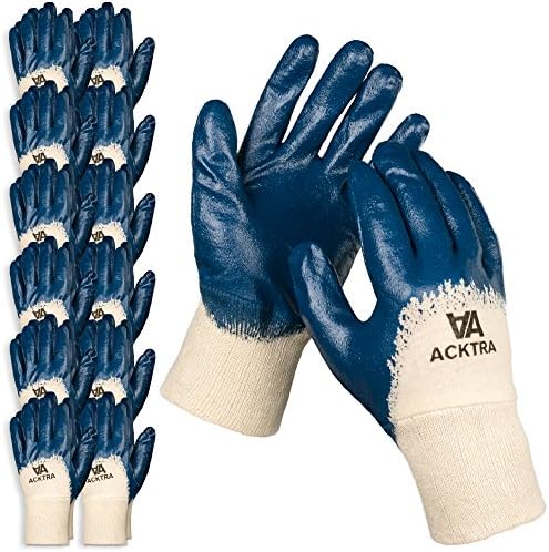 Acktra work gloves ACKTRA Nitrile Coated Cotton Safety WORK GLOVES 12 Pairs/Dozen, Knit Wrist Cuff, Multipurpose, for Men &amp; Women, Blue, Large, WG001