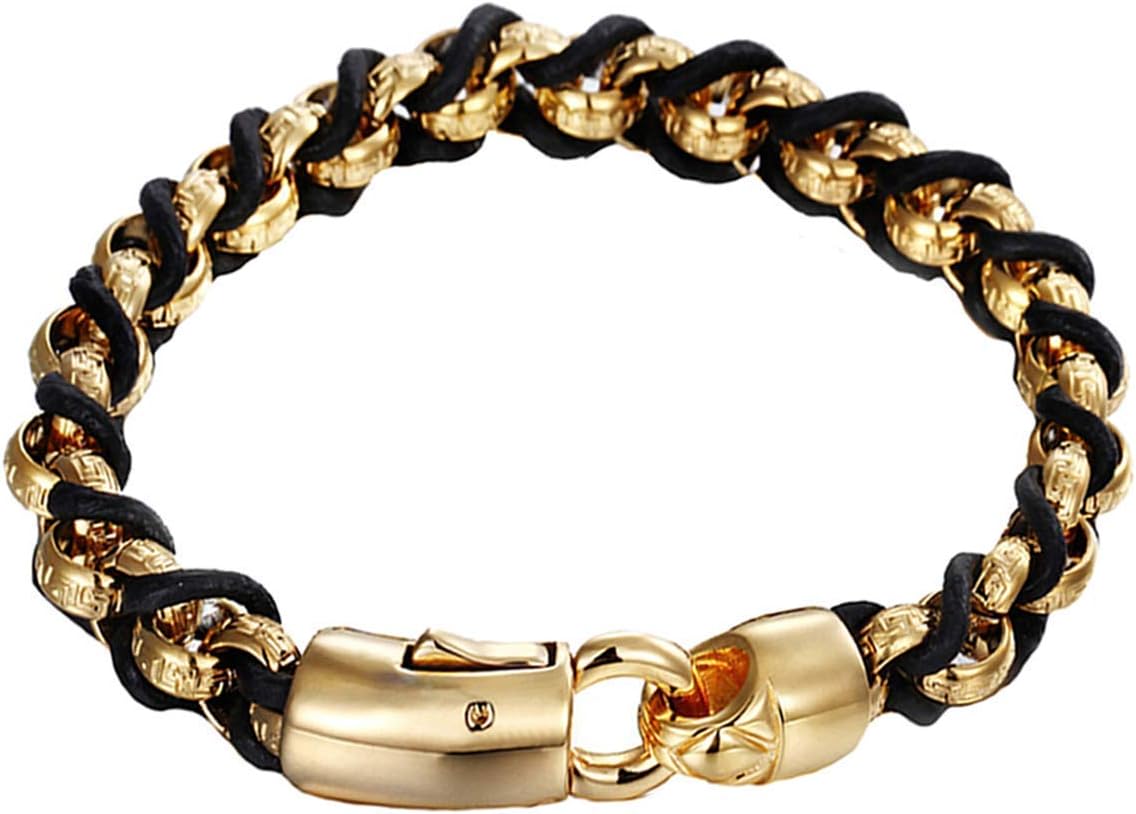 Forziani METRO 18K Gold Plated Steel and Leather Bracelet for Men - High Quality Genuine Leather Mens Bracelet - Gift Packaging Included - Sz Large