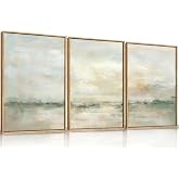 LHIUEM Large Abstract Green Gray Pastel Framed Canvas Wall Art,Neutral Landscape Wall Decor,Modern Watercolor Lake Artwork,Beige Textured Illustrations Art for Living Room,Bedroom,Office- 24"x36"x3