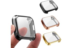 3 Packs Screen Protector Compatible Fitbit Versa Lite Edition, GHIJKL Ultra Slim Soft Full Cover Case for Fitbit Versa Lite Edition, Black, Rose Gold, Gold