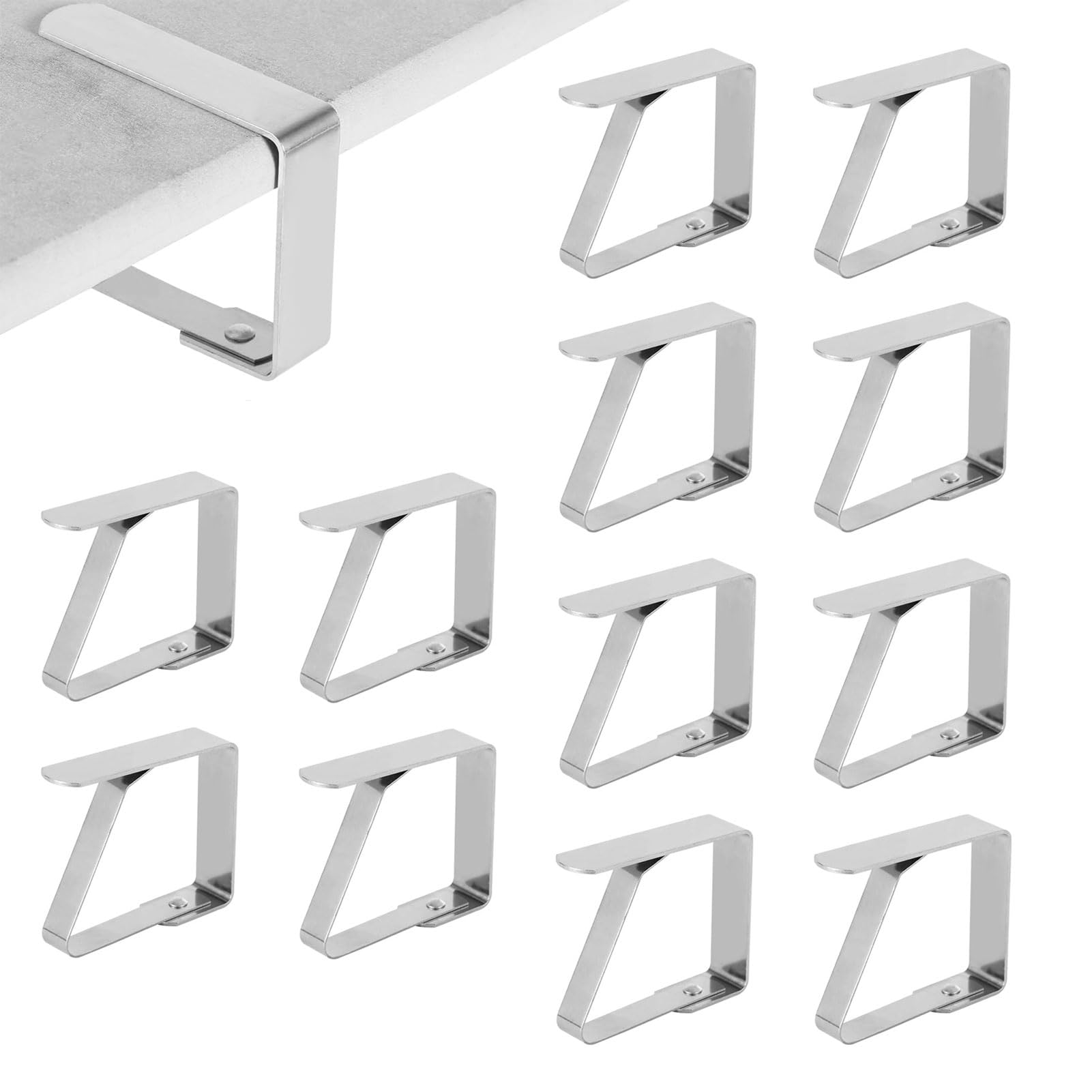 Table Cloth Clips, 12 Pack Stainless Steel Tablecloth Clips, Big Size Table Cover Clamp, Table Cloth Holders 8 x 7cm for Desktop Thickness 3-5cm, for Outside,Dining,Picnic,Wedding and Graduation Party