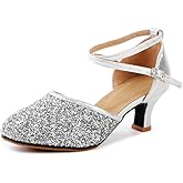 OCHENTA Women's Sequined Leather Latin Ballroom Dance Shoes Pointed Toe Salsa Tango Party Kitten Heel Pumps