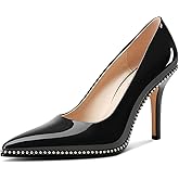 TNYNFBEB Womens Stiletto Mid Heel Pointed Toe Pumps Slip-on Sliver Beaded Prom Wedding Dress Basic Classic Patent Leather 3.5 Inches Heels