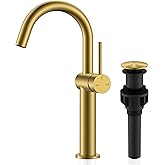 KENES Brushed Gold Tall Bathroom Faucet, Single Handle Vessel Sink Faucet Single Hole, Modern Bathroom Vanity Faucet with Pop Up Drain and Supply Lines, KE-9005C-4
