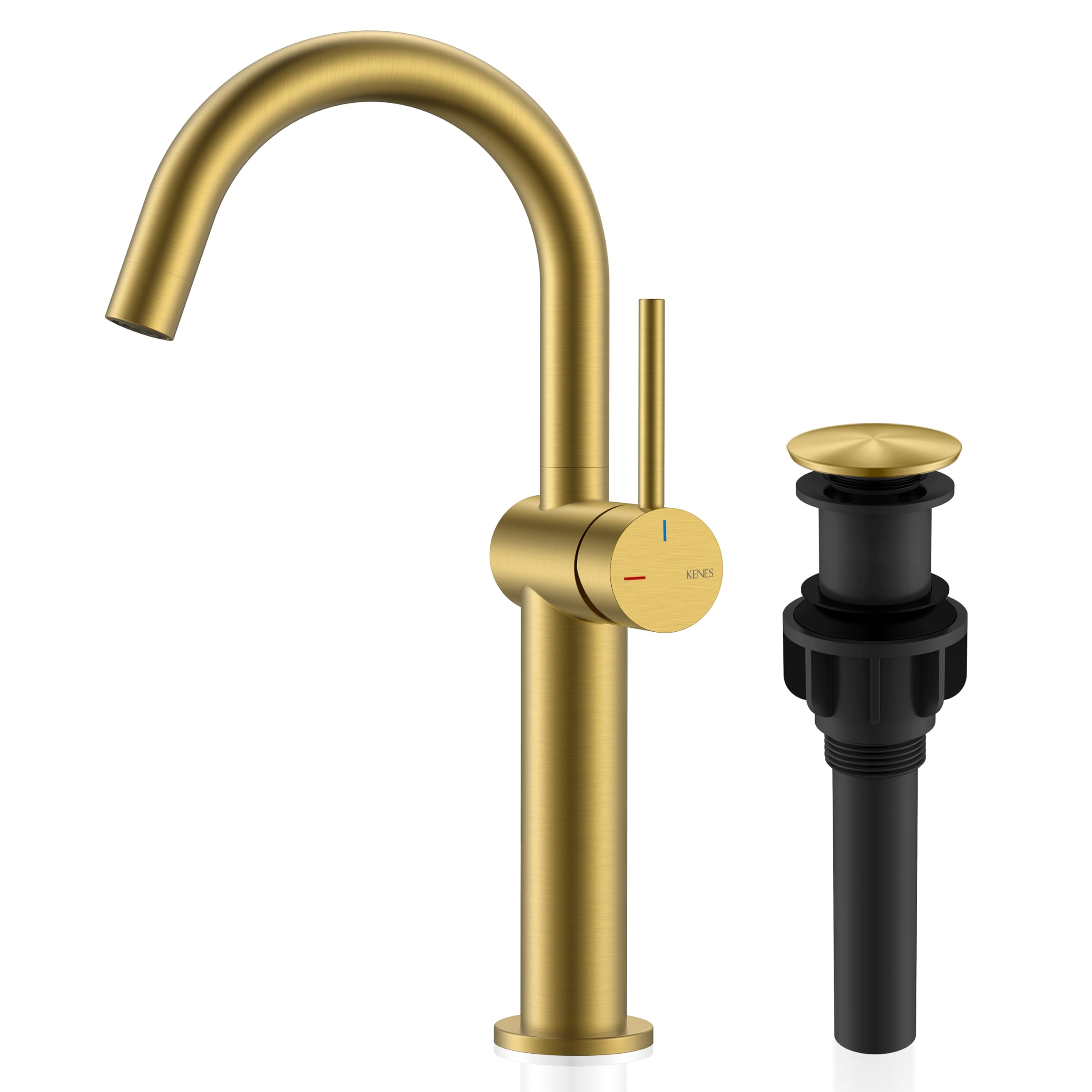 Photo 1 of KENES Brushed Gold Tall Bathroom Faucet, Single Handle Vessel Sink Faucet Single Hole, Modern Bathroom Vanity Faucet with Pop Up Drain and Supply Lines, KE-9005C-4