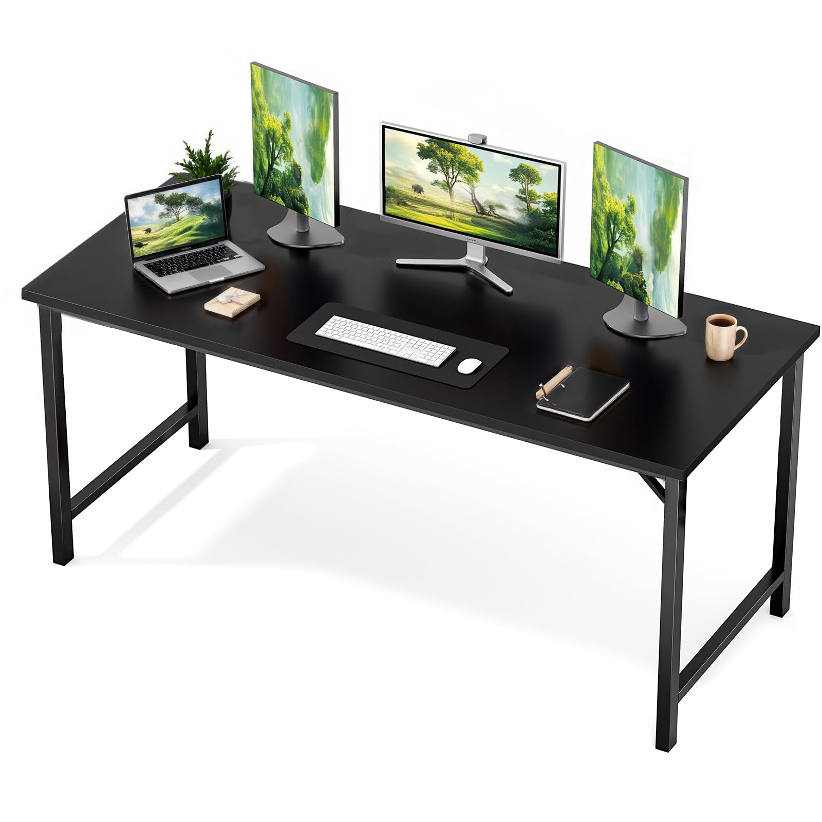 Sweetcrispy Small Computer Desk,63 Inch Office Writing Work Desk with Metal Frame Wooden Tabletop, Student Study Home Bedroom Table with X-Shaped Reinforcement, Black