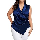 OYOANGLE Women's Plus Size Satin Wrap V Neck Sleeveless Blouse Asymmetrical Hem Elegant Work Office Tank Tops