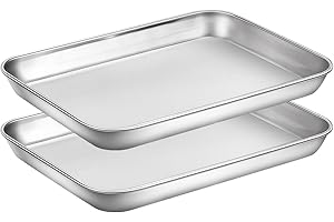 Baking Sheets Set of 2, HKJ Chef Cookie Sheets 2 Pieces Stainless Steel Baking Pans & Toaster Oven Tray Pans, Rectangle Size 9L x 7W x 1H inch & Non Toxic & Healthy & Easy Clean…